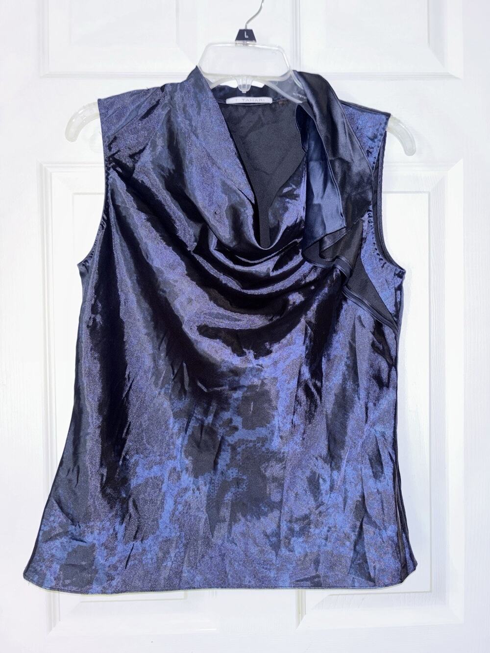 Tahari S Satin Blouse Small Sleeveless Cowl Neck Navy Black Reptile Pattern